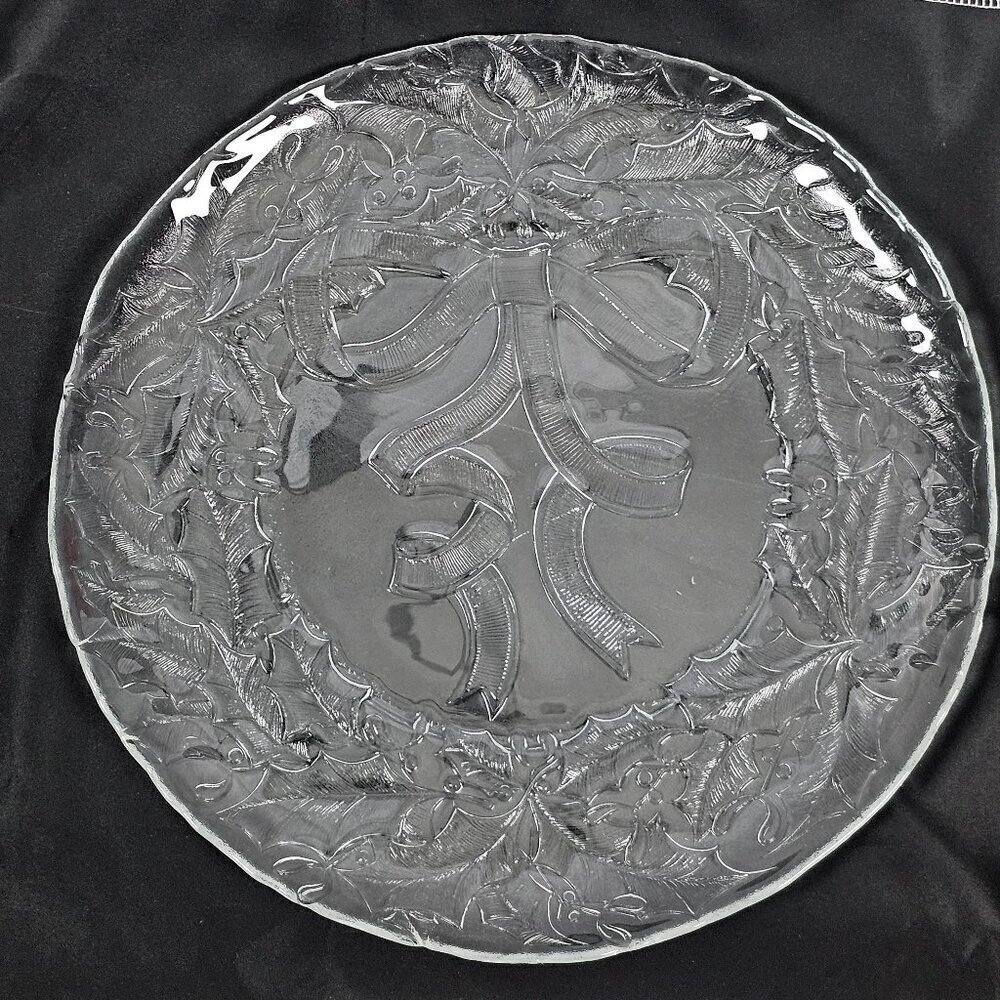 Arcoroc Vintage Clear Glass Christmas Holly Ribbon Cookie Serving Platter